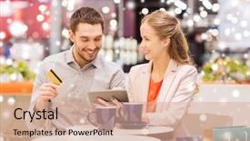  Presentation with people mall - Slide set featuring sale shopping consumerism leisure and people concept - happy couple with tablet pc and credit card drinking coffee in mall with snow effect background and a coral colored foreground