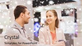  Presentation with people mall - Beautiful presentation featuring sale shopping consumerism leisure and people concept - happy couple with shopping bags drinking coffee in mall with snow effect backdrop and a lemonade colored foreground