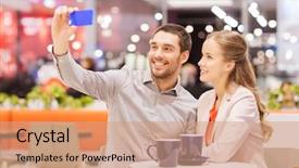  Presentation with people mall - Theme featuring sale shopping consumerism technology and people concept - happy young couple with smartphone taking selfie and drinking coffee or tea at cafe in mall background and a coral colored foreground