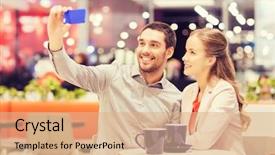  Presentation with people mall - PPT theme having sale shopping consumerism technology and people concept - happy young couple with smartphone taking selfie and drinking coffee or tea at cafe in mall background and a coral colored foreground