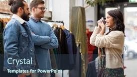  Presentation with camera film - Amazing slide deck having sale shopping fashion and people concept - friends choosing clothes and photographing by film camera at vintage clothing store backdrop and a ocean colored foreground