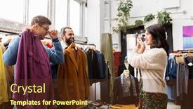  Presentation with camera film - Cool new PPT layouts with sale shopping fashion and people concept - friends choosing clothes and photographing by film camera at vintage clothing store backdrop and a tawny brown colored foreground