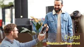  Presentation with fashion shoes - Presentation design consisting of sale shopping fashion and people concept - male friends choosing shoes at vintage clothing store background and a tawny brown colored foreground