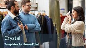  Presentation with camera film - Colorful theme enhanced with sale shopping fashion and people concept - friends choosing clothes and photographing by film camera at vintage clothing store backdrop and a ocean colored foreground