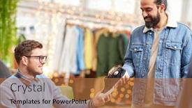  Presentation with fashion shoes - Beautiful presentation design featuring sale shopping fashion and people concept - male friends choosing shoes at vintage clothing store backdrop and a coral colored foreground