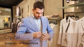  Presentation with people mall - Colorful theme enhanced with sale shopping fashion style and people concept - elegant young man choosing and trying jacket on in mall or clothing store backdrop and a coral colored foreground