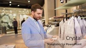  Presentation with people mall - Amazing slide deck having sale shopping fashion style and people concept - elegant young man in jacket choosing clothes and looking at price tag in mall or clothing store backdrop and a coral colored foreground