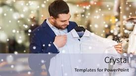  Presentation with people mall - Slide deck with sale shopping fashion style and people concept - elegant young man in suit choosing clothes in mall or clothing store over snow background and a light blue colored foreground