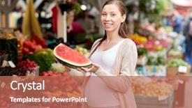  Presentation with market food - Theme having sale shopping food pregnancy and people concept - happy pregnant woman choosing watermelon at street market background and a coral colored foreground