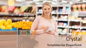  Presentation with grocery - Amazing presentation design having sale shopping food pregnancy and people concept - happy pregnant woman with basket and notebook at grocery store or supermarket backdrop and a coral colored foreground