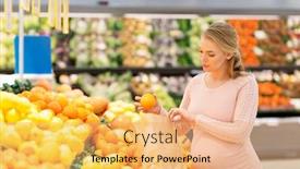  Presentation with grocery bag - Amazing PPT layouts having sale shopping food pregnancy and people concept - happy pregnant woman buying oranges and putting them into paper bag at grocery store or supermarket backdrop and a coral colored foreground