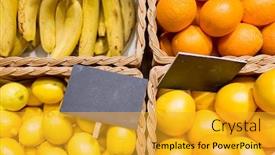  Presentation with food market - Amazing presentation theme having sale shopping vitamin c and eco food concept - ripe fruits in baskets with nameplates at grocery market backdrop and a gold colored foreground