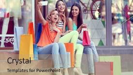 Presentation with woman pushing shopping trolley - PPT theme featuring sale srep - beautiful young woman with shopping background and a coral colored foreground