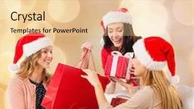  Presentation with christmas sale - Cool new presentation theme with sale winter holidays christmas and people concept - smiling young woman in santa helper hat with gifts and shopping bags over beige lights background backdrop and a lemonade colored foreground