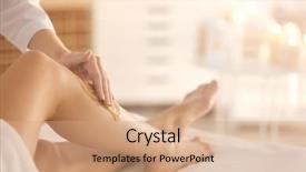  Presentation with beautician - Colorful slide set enhanced with liquir sales - beautician depilating young woman's legs backdrop and a coral colored foreground