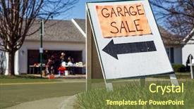  Presentation with home - Colorful presentation design enhanced with sales - garage sale sign backdrop and a tawny brown colored foreground