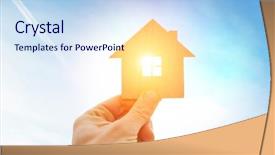  Presentation with flat - Slides featuring solar sales - man's hand holds wooden flat background and a sky blue colored foreground