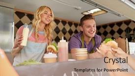  Presentation with food truck - PPT theme enhanced with sales - street sale and people concept background and a coral colored foreground