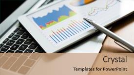  Presentation with tablet - PPT theme enhanced with sales - tablet computer and financial charts background and a coral colored foreground