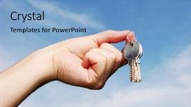  Presentation with key - Colorful theme enhanced with sales achievement house structure - hands with key backdrop and a light blue colored foreground
