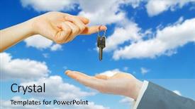  Presentation with key - PPT layouts consisting of sales achievement house structure - hands with key background and a light blue colored foreground
