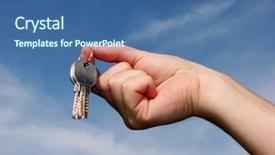  Presentation with key - Presentation theme consisting of sales achievement house structure - hands with key background and a ocean colored foreground