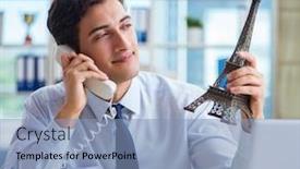  Presentation with sales - Audience pleasing PPT theme consisting of sales agent working in travel agency backdrop and a light blue colored foreground