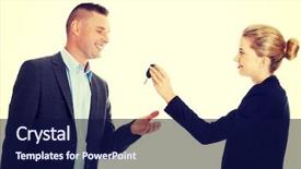  Presentation with cheap car - Presentation design featuring sales alarm systems - car salesman handing background and a navy blue colored foreground