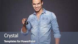  Presentation with car body repairer holding - PPT theme consisting of sales alarm systems - happy men holding out car background and a seafoam green colored foreground