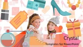  Presentation with doodles - Slide deck having sales animations - beautiful women holding shopping bags background and a coral colored foreground