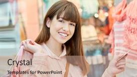  Presentation with young sing woman singing young - Beautiful PPT theme featuring sales animations - brunette young woman backdrop and a coral colored foreground