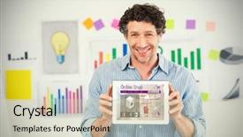  Presentation with machines - PPT theme having sales animations - businessman showing digital tablet background and a soft green colored foreground