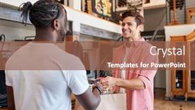  Presentation with sales - Presentation featuring sales-assistant-handing-purchases background and a tawny brown colored foreground