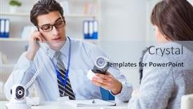  Presentation with cameras - Beautiful slide set featuring sales assistant showing cameras backdrop and a light blue colored foreground