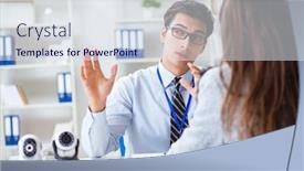  Presentation with cameras - Slide set with sales assistant showing cameras to client in shop background and a sky blue colored foreground