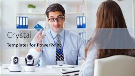  Presentation with cameras - Beautiful slide deck featuring sales assistant showing cameras to client in shop backdrop and a light blue colored foreground