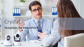  Presentation with cameras - PPT theme consisting of sales assistant showing cameras to client in shop background and a light blue colored foreground