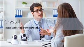  Presentation with cameras - Presentation having sales assistant showing cameras to client in shop background and a light blue colored foreground