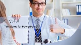  Presentation with cameras - Amazing PPT theme having sales assistant showing cameras backdrop and a light blue colored foreground