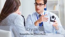  Presentation with cameras - Audience pleasing slide set consisting of sales assistant showing cameras backdrop and a light blue colored foreground