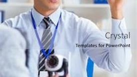  Presentation with cameras - Theme with sales assistant showing cameras background and a light blue colored foreground