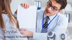  Presentation with cameras - Presentation design featuring sales assistant showing cameras background and a light blue colored foreground