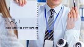  Presentation with cameras - Colorful PPT layouts enhanced with sales-assistant-showing-cameras backdrop and a light blue colored foreground