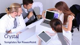  Presentation with business group meeting - Slide set enhanced with group of business people having background and a sky blue colored foreground