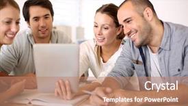  Presentation with tablet - Beautiful slides featuring sales budget presentation - business people working on tablet backdrop and a coral colored foreground