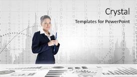  Presentation with information - Slides featuring sales budget presentation - young businesswoman and statistics information background and a white colored foreground