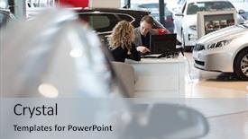  Presentation with car sales - Theme consisting of sales business - salesman discussing with female customer background and a light blue colored foreground