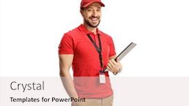  Presentation with sales - PPT theme consisting of sales-clerk-smiling-at-camera background and a lemonade colored foreground