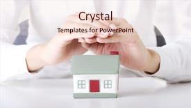  Presentation with female security - Slide set consisting of sales coverage - female businesswoman hands protecting house background and a  colored foreground