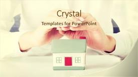  Presentation with female security - Presentation design having sales coverage - female businesswoman hands protecting house background and a  colored foreground